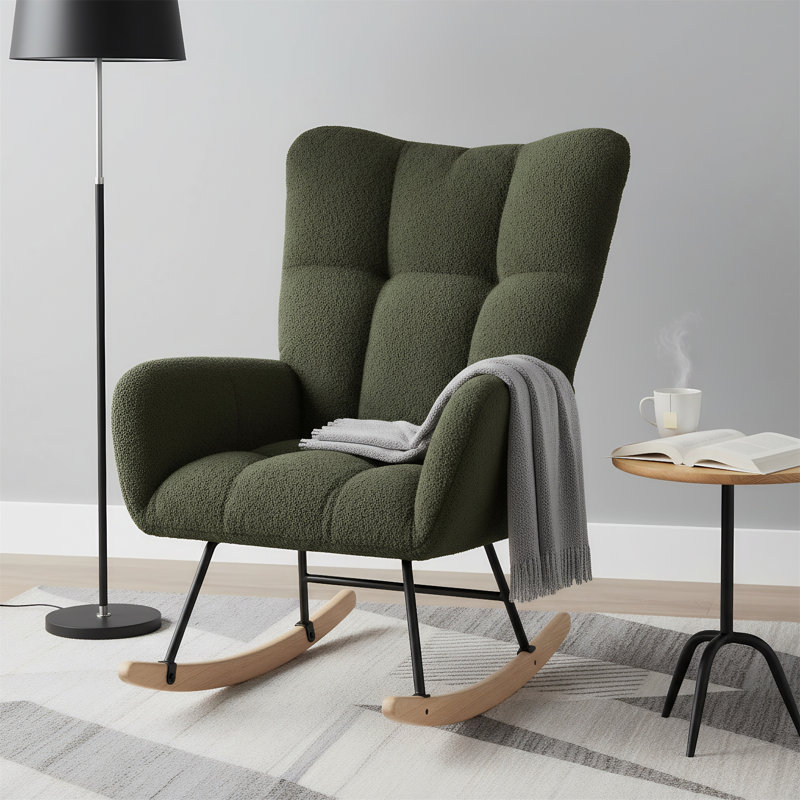 Chaise berçante en tissu doux et moelleux avec dossier à oreilles confortable et base en bois massif sécuritaire, Vert foncé