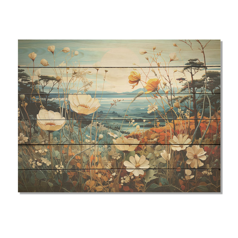 «Cool And Calming Flower Blooming Fields», art mural en bois sur bois de pin naturel, H 30 po x l 40 po