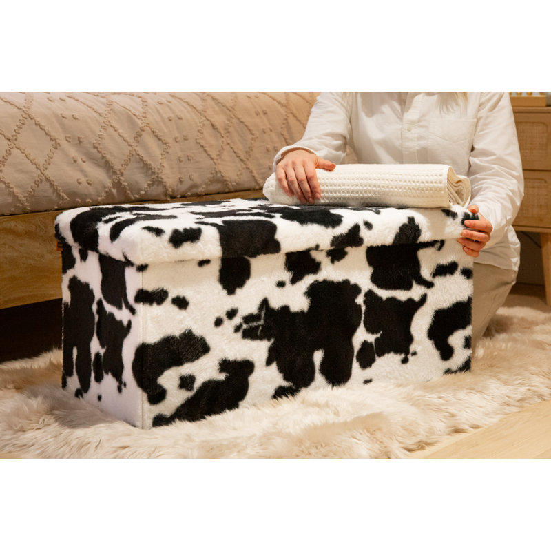 Go-Poufs Knock-Down Rectangular Faux Fur Storage Ottoman |30"x15"x15", Black/White