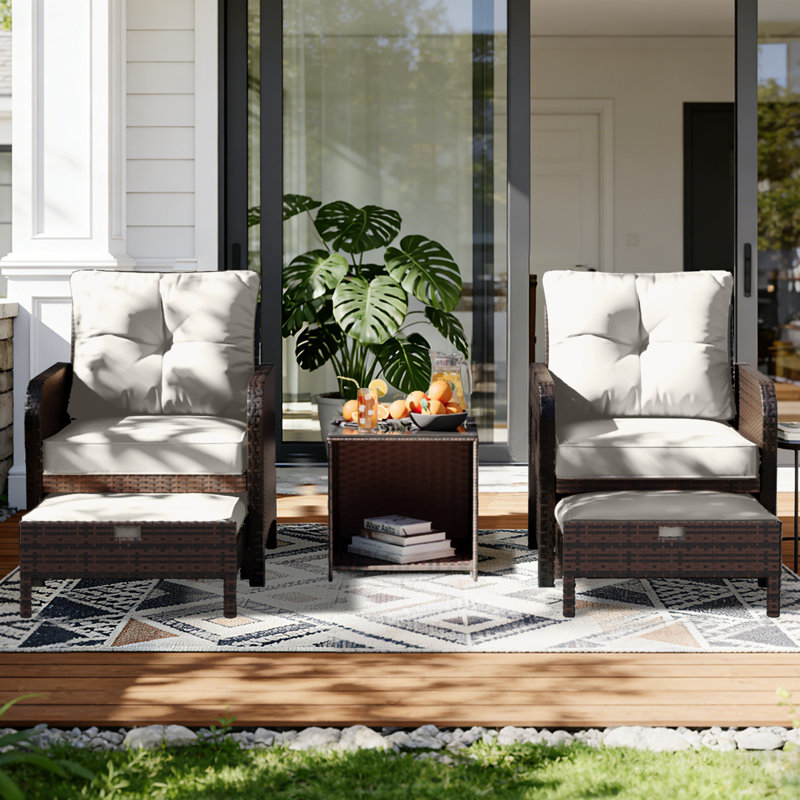 5-Piece Wicker Patio Conversation Set Outdoor Seating Group with Table and White Cushions, White