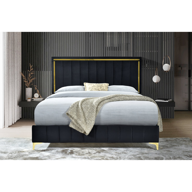 Sayler Velvet Queen Upholstered Platform Bed with Gold Legs and Gold Trim, Black