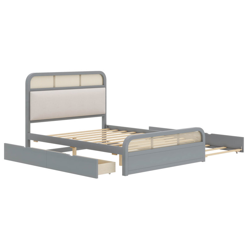 Grand lit plateforme en bois avec lit gigogne et tiroirs, Gris