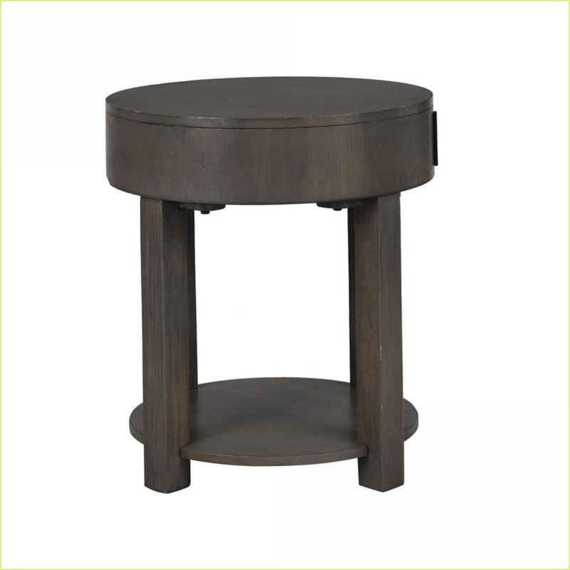 Table basse en MDF brun clair de 20 po avec plateau rond, tablette inférieure et amp; Ports de chargement USB