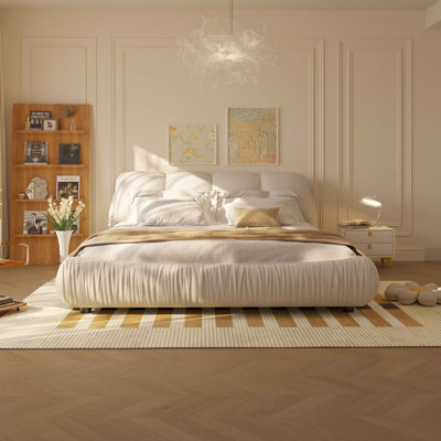 Lit plateforme tapissier de luxe avec dossier rembourré surdimensionné et cadre en bois massif pour plusieurs hauteurs de matelas