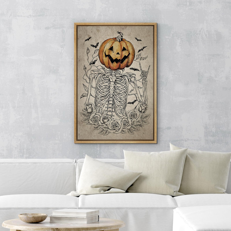 Squelette avec citrouille et chauves-souris Moody foncé, œuvres d'art moderne, décor, Cadre naturel flottant