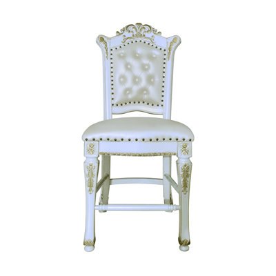 Chaise à hauteur de comptoir de deux, finition perle antique, bois synthétique blanc, siège et dossier rembourrés doux, conception sans accoudoirs, décoration en bois, pieds fuselés avec repose-pieds