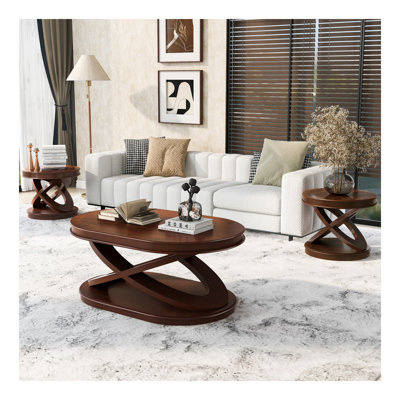 Retro Coffee Table Sets 3 Pieces, Wood Living Room Table Set Include 44" Oval Coffee Table, Round End Table Set Of 2,  Walnut