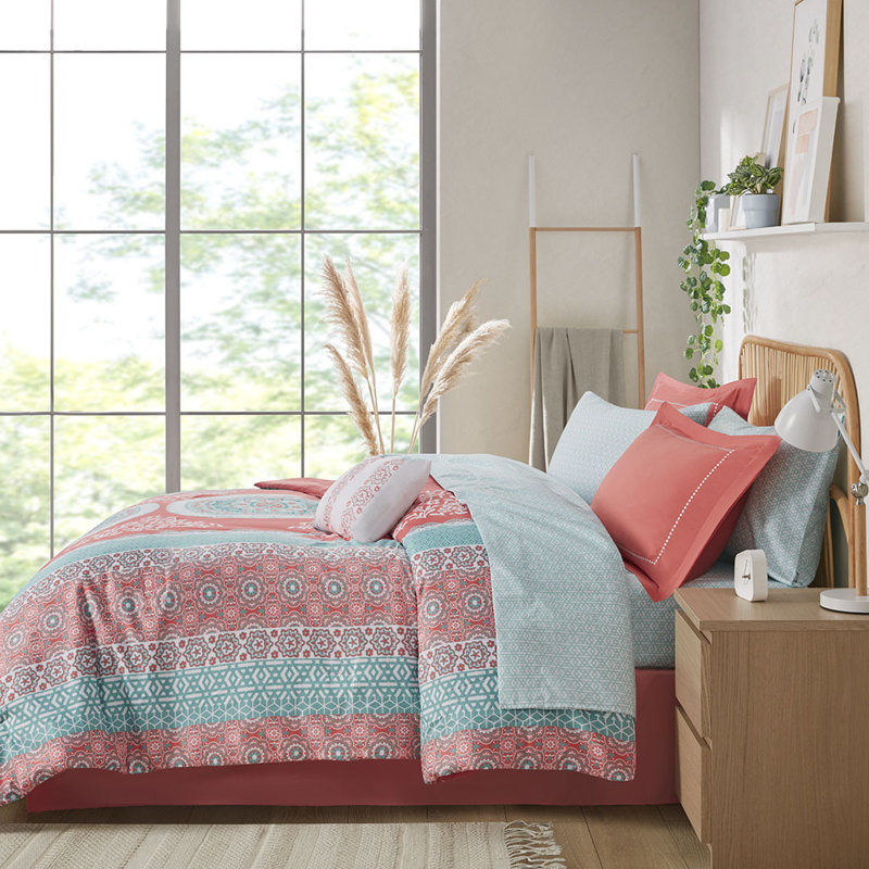 Boho Comforter Set With Bed Sheets, Full Sheet Set, Coral Vintage Look