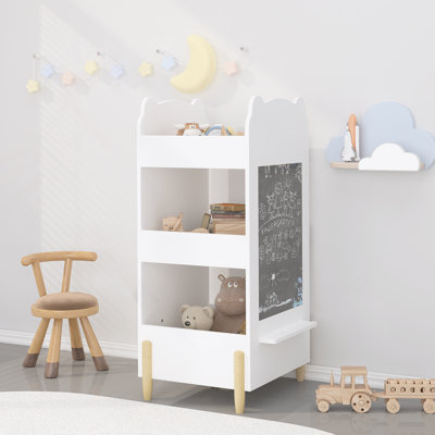 Bibliothèque pour enfants avec côté tableau noir - Bibliothèque en bois en forme d'ours avec rangement à 3 niveaux, planche à dessin pour tout-petits, organisateur de jouets et de livres pour salle de jeux ou chambre à coucher - blanc