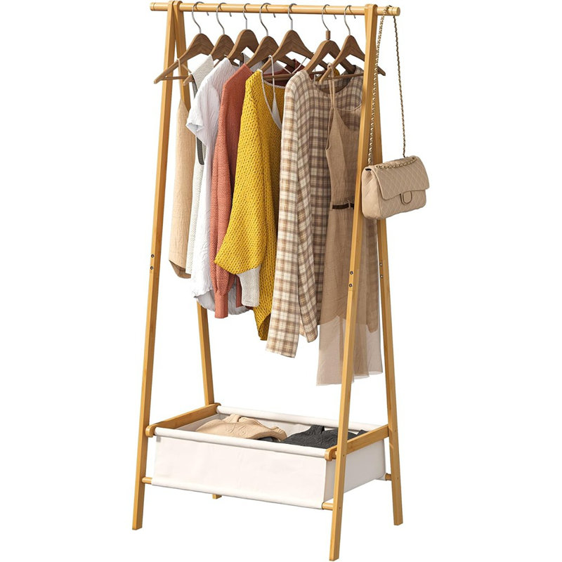 Portant à vêtements autoportant en bambou - Portemanteau pliable avec boîte de rangement pour suspendre les vêtements [Naturel] - [Bambou / Naturel / Autoportant]