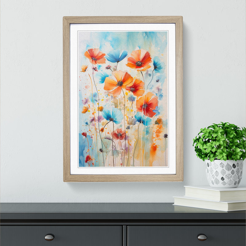Wildflowers Gestural - Single Picture Frame Print on Wood, Oak Framed, 64cm H x 46cm W