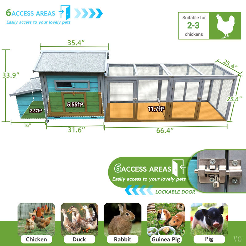 Poulailler 114 po en bois avec enclos extérieur, poulailler résistant aux intempéries avec nichoir, portes verrouillables et rampe, grande cage à volaille de 19,6 pi² pour 2 ou 3 poules