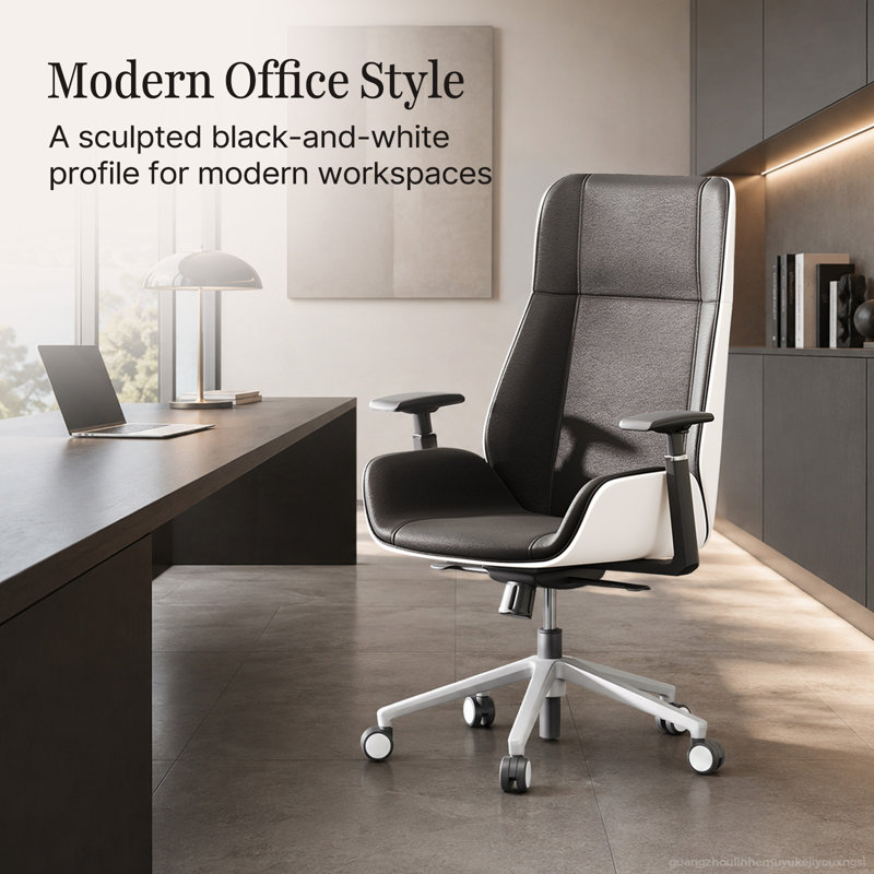 Ensemble de bureau de direction moderne en forme de L et chaise de bureau (2 pièces) avec prise électrique intégrée, gestion des câbles, tiroirs verrouillables et accoudoirs réglables en 4D.