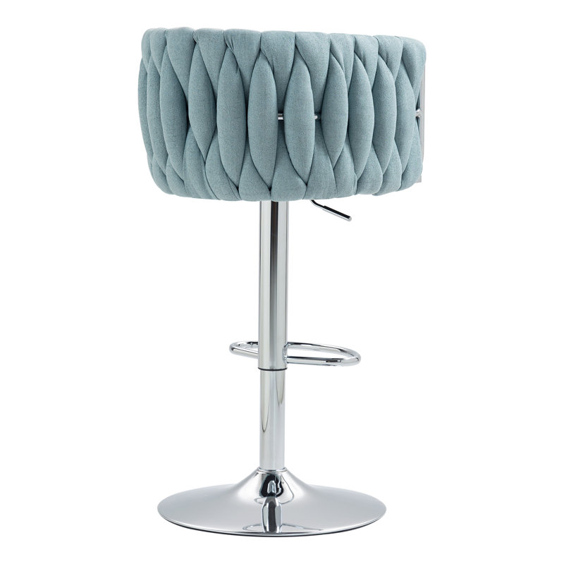 Swivel Bar Stools Set of 2 with Adjustable Height, Woven Back & Footrest, Silver Chrome Finish, Yellow, Blue Velvet
