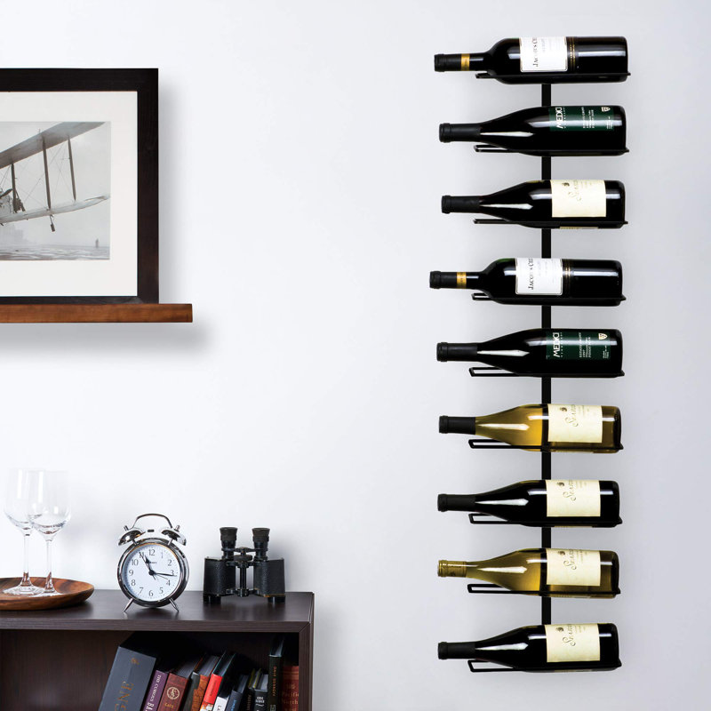 True Align Wall-Mounted Wine Rack, Black Wrought Iron, Minimalist Modern Wine Display, Alcohol Storage Solution, Holds Nine Standard Wine Bottles
