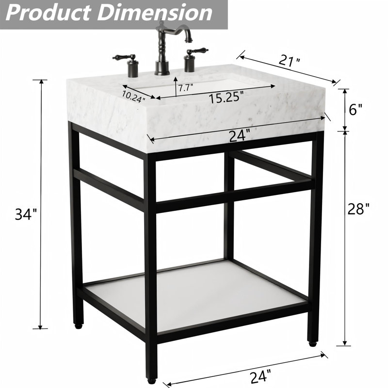 24" Natural Carrara Marble Console Bathroom Vanity, Black, 24"