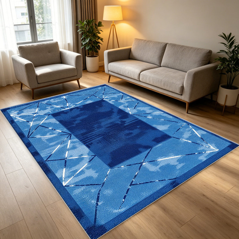 Blue Geo area rugs for Living Room, Soft and Comfortable, Suitable for all seasons, easy to maintain, machine washable Indoor floor mat, Under Table Farmhouse suitable for Bedroom, Dining Room, Study, Patio, Balcony, Home Decor