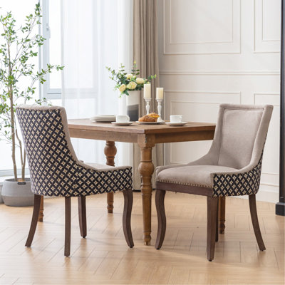 Meuble, chaise de salle à manger Ultra Side, chaises en tissu épaissi avec pieds en bois massif aux tons neutres, tête de clou bronze, ensemble de 2