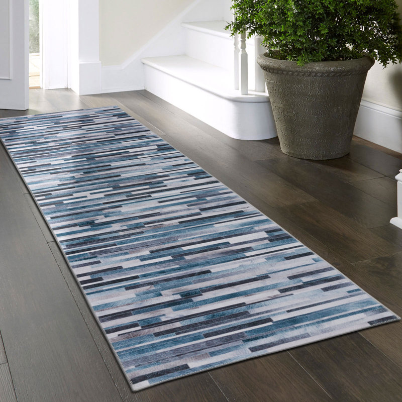 Blue Machine Washable Modern Geometric Soft Non-slip Foldable Area Rug, Runner 2'6" x 9'