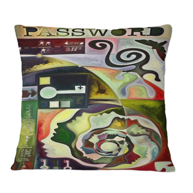Coussin décoratif abstrait à formes abstraites en vert, rouge et noir, 16 po x 16 po