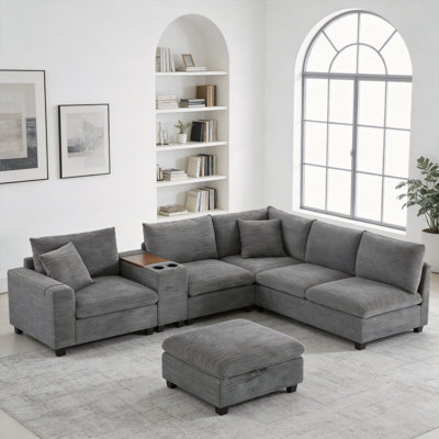 139" Gray Corduroy U-Shaped Modular Sectional Sofa With Console & Ottoman