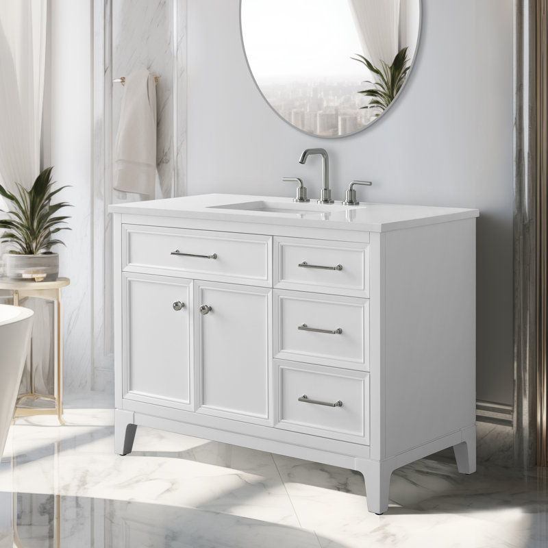 Tiosha 42" Single Bathroom Vanity In White With Engineered Stone Top