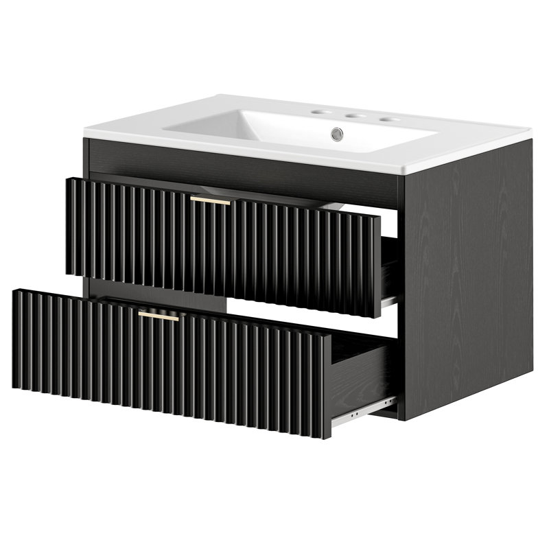 Meuble-lavabo flottant à DEL 30 po avec lavabo, tiroirs à fermeture en douceur et porte-serviettes, Black