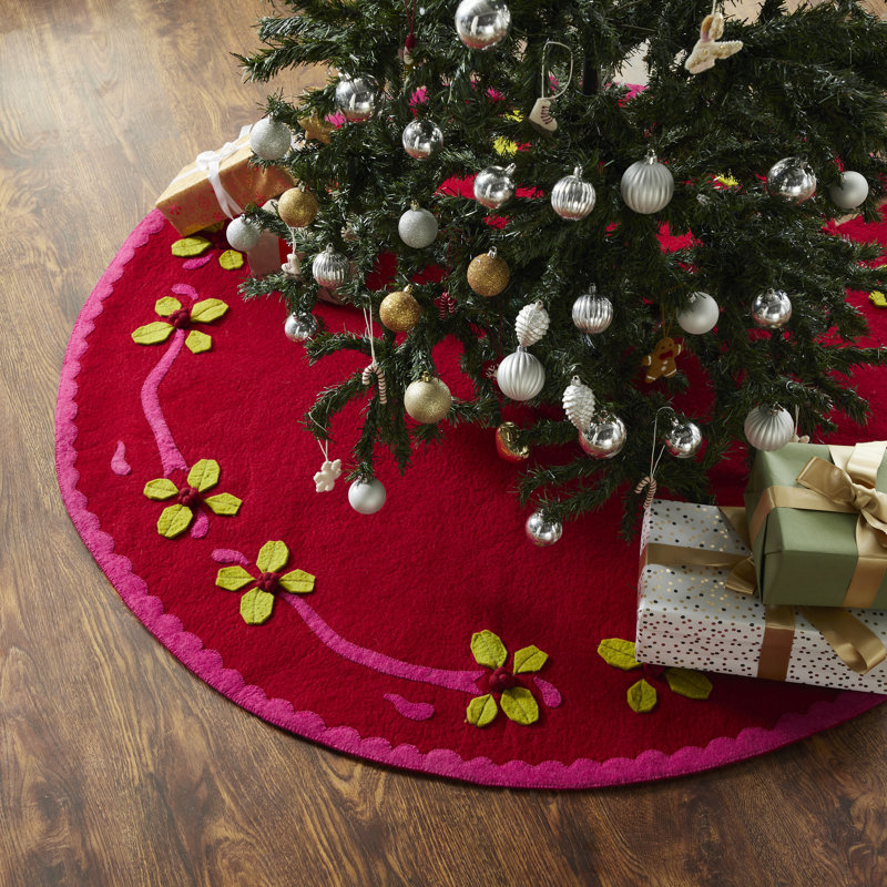 Pink and Red Holly Tree Skirt- Hand felted Wool-60"