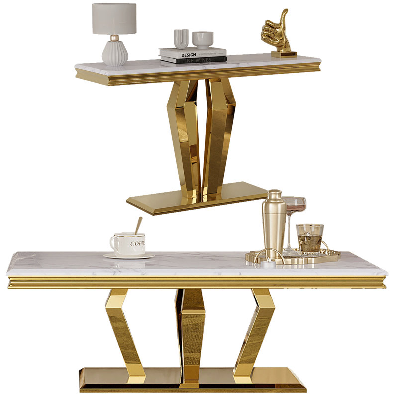 Luxurious Coffee Table And Console Table, 2-Piece White And Gold Living Room Table Set With Diamond-Shaped Base