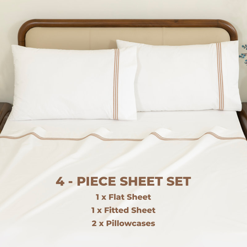 Dreamology 100% Cotton Percale Embroidered Sheets Set, Queen Size, Cool, Soft, Breathable & Crisp Bedsheet & Pillowcase with Deep Pocket Up to 16 Inches (Brown)