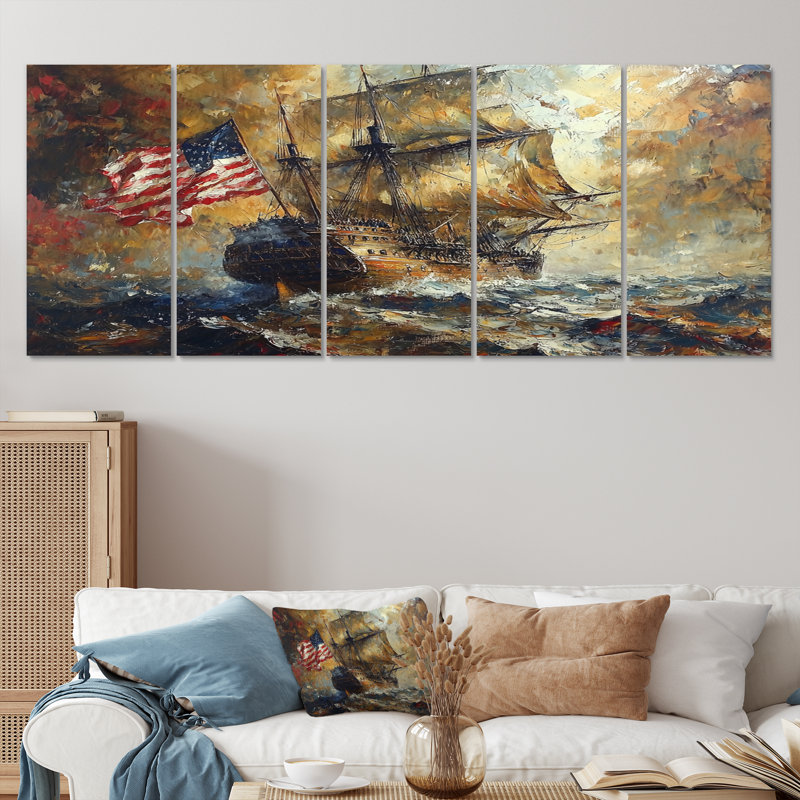 Boston Tea Party Boart Sailing I - art mural de bateau à voile - décoration murale moderne 5 pièces, H 28 po x l 60 po