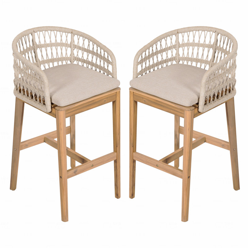 Ensemble de 2 tabourets de bar d'extérieur en bois et bois fini teck avec coussin beige