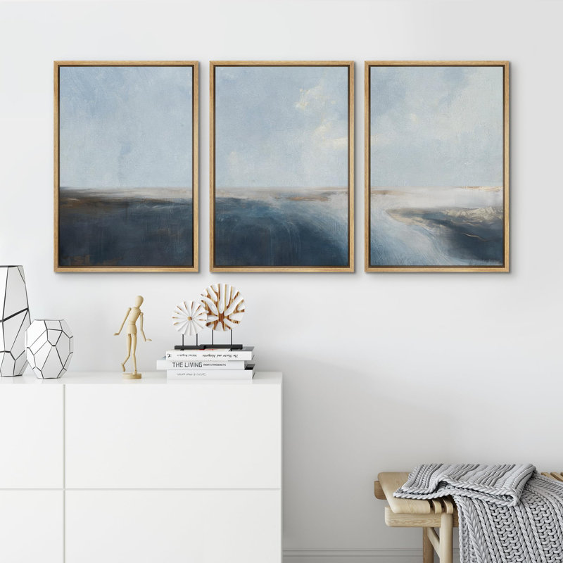 "Contemporain bleu et beige, paysage abstrait, illustrations, art moderne, salon", 3 pièces, H 24 po x l 16 po, Naturel