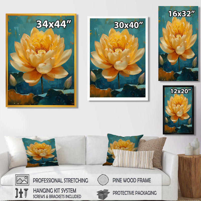 «Beige Green Radiant Lotus Pond», art mural Lotus, H 12 po x l 20 po, Cadre simple blanc