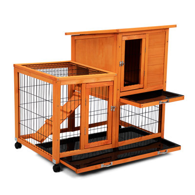 Cage à lapin orange avec zone d'activité - plateaux amovibles et pratiques amovibles, toit imperméable, grand format pour les lapins, autres petits plateaux pour animaux de compagnie, roulants inclus