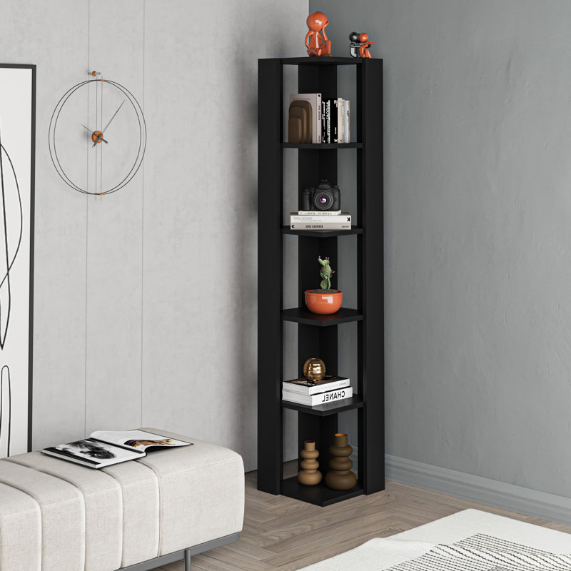 161cm H Corner Bookcase, Black, (5 Shelves) 161cm H x 20cm W x 34cm D