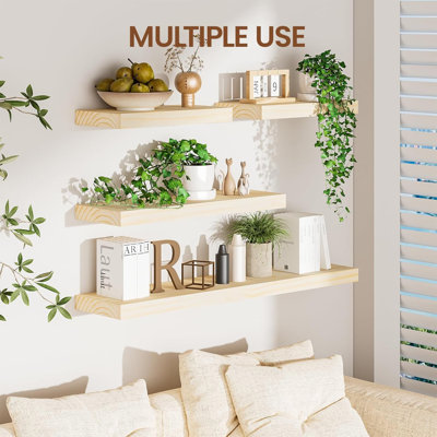 Natural Pine Wood Floating Wall Shelves 15.7" X 8"D - Set Of 2 Unfinished Shelves For Bathroom, Kitchen, Living Room