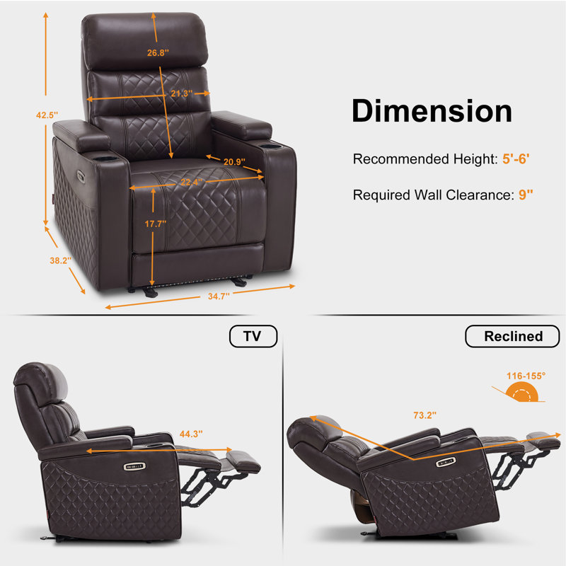 Power Recliner Chair with Adjustable Headrest, Reclining Sofa with Armrest Storage, Brown
