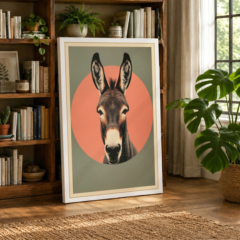 Donkey in Coral Circle Minimalist - Wrapped Canvas, 24x16 - 61.0 x 40.6 cm, Sage Border