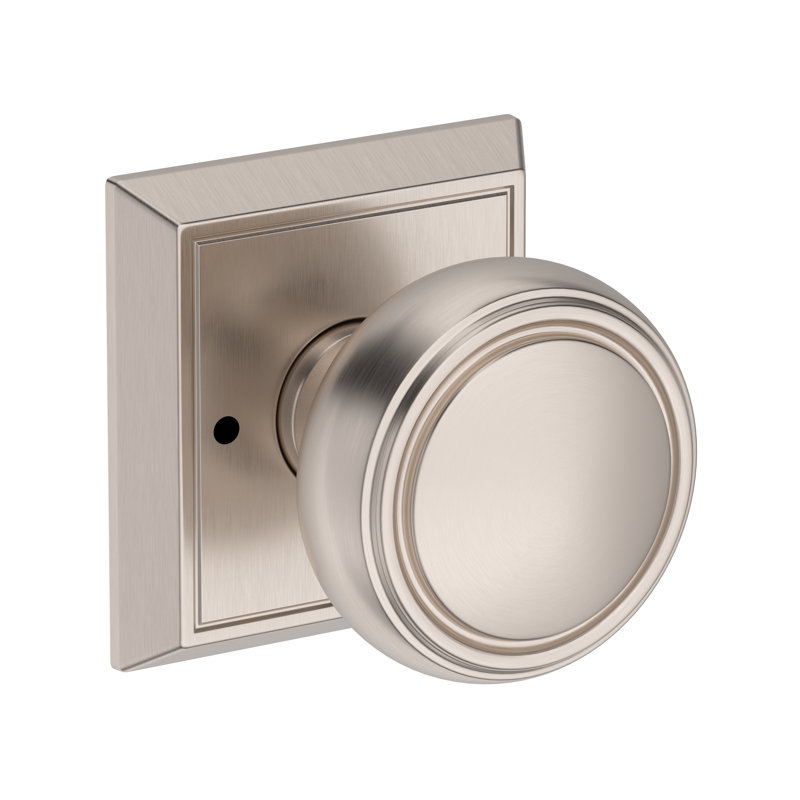 Bremerton Privacy Knob with Chamfered Square Rose in Lifetime (PVD) Satin Brass, Satin Nickel