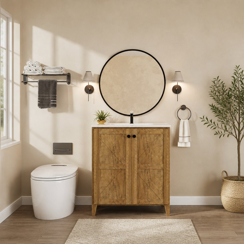 Meuble-lavabo pliable de 76 cm avec évier en céramique – Installation brevetée en 1 minute, gain de place et montage facile, style américain