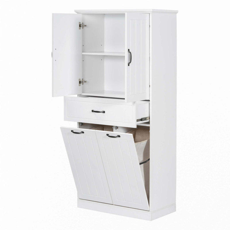 Armoire de rangement pour salle de bain avec deux paniers à linge, Blanc