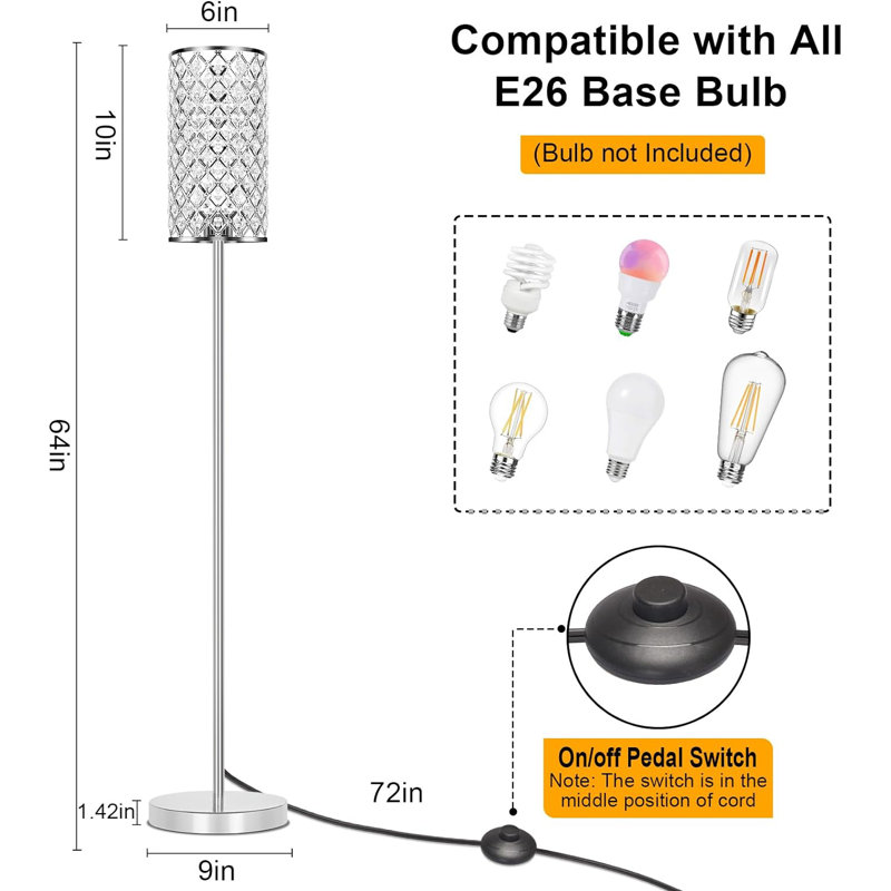 Crystal Floor Lamp For Bedroom, Floor Lamp With On/Off Foot Switch, Elegant Standing Light Tall Pole Lamp For Living Room, Dresser, Office (E26 Base)