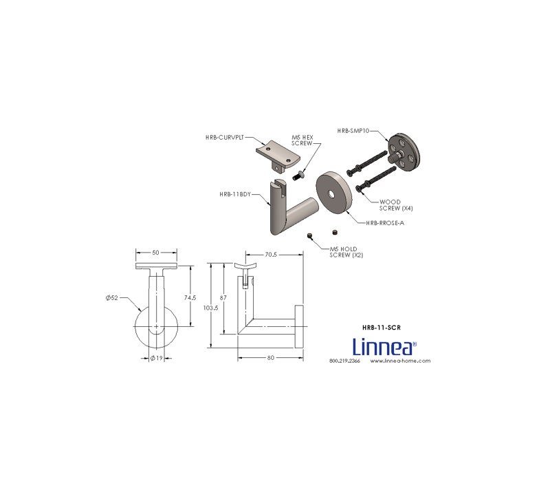 Surface Mount Handrail Bracket with Round Rose and Curved Plate, Satin Stainless Steel