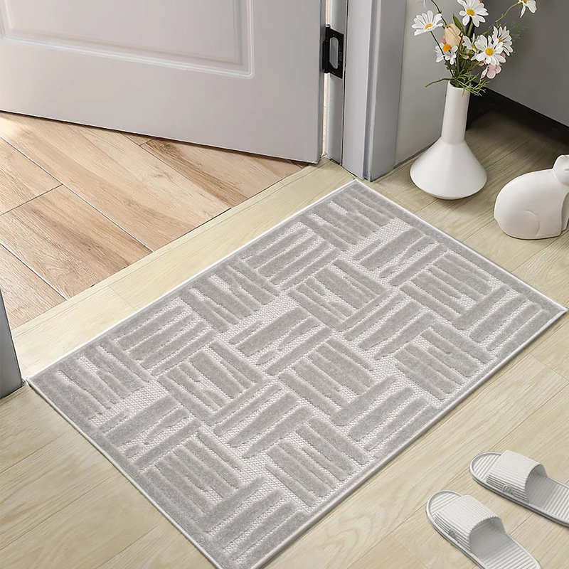 Tapis turc à motif écossais intérieur / extérieur à poils courts turc gris / crème pour patio, terrasse, porche ou entrée