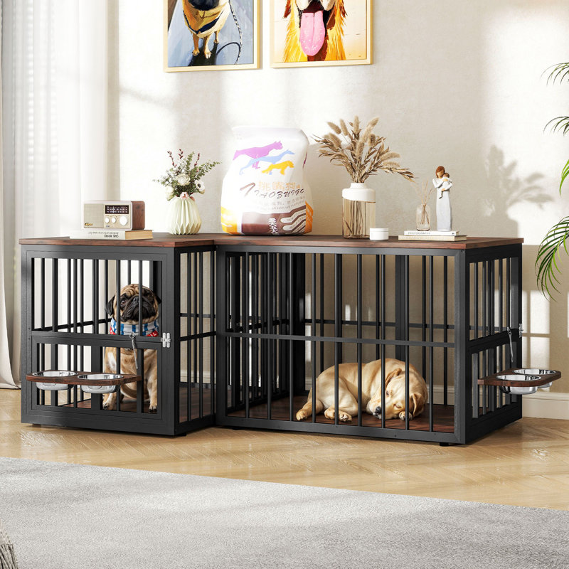 Meuble de cage d'angle pour chien Gurmukh, H 27,1 po x l 25,2 po x P 77,6 po, Brun