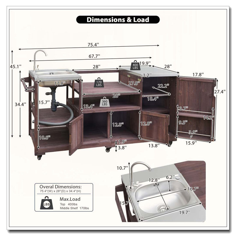 Îlot de cuisine 75,4 "avec évier pour œuf XL, Brown