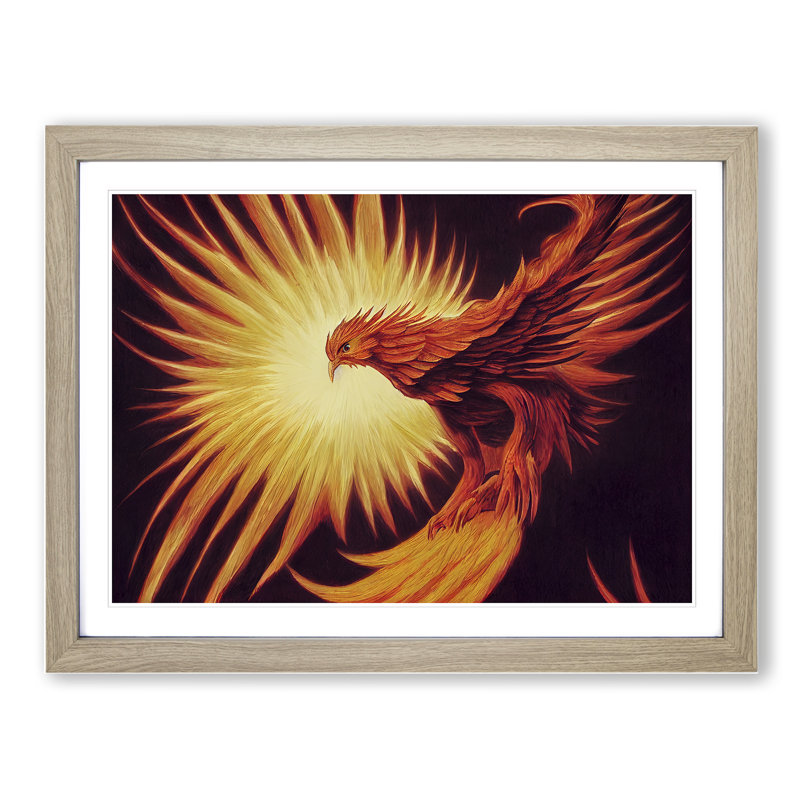 XH1022-8872X Terrific Phoenix Bird - Single Picture Frame Print, 25cm H x 34cm W x 2cm D, Oak