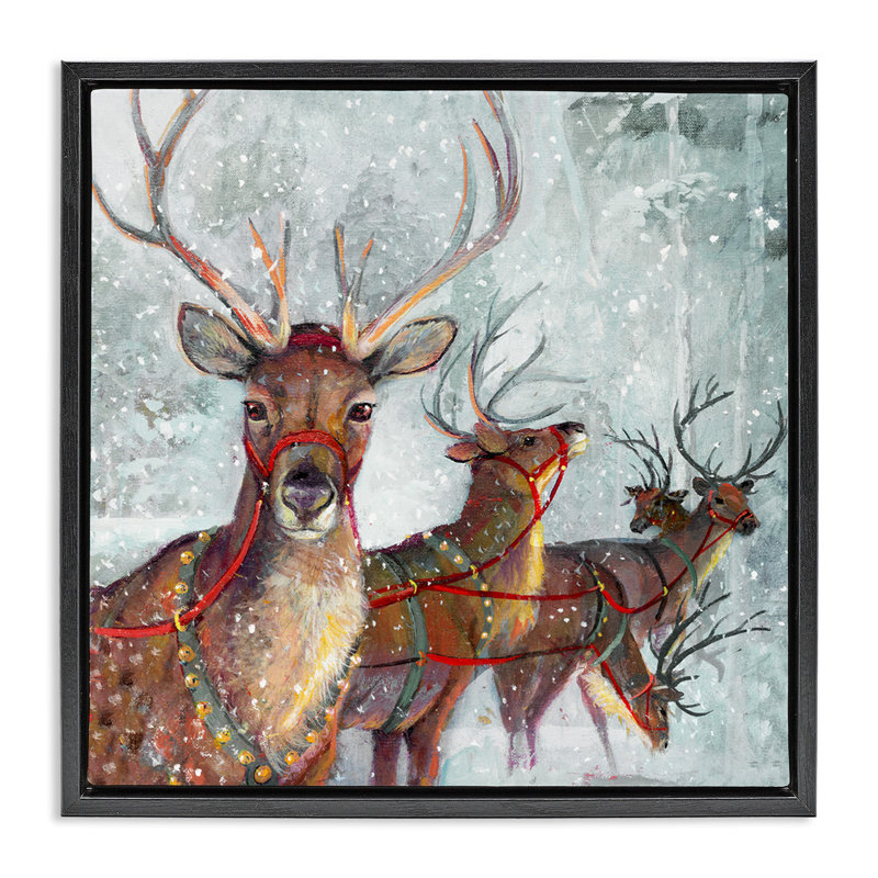 «Winter Reindeer Holiday Landscape», art mural encadré noir sur toile flottante par Ruane Manning, H 18 po x l 18 po