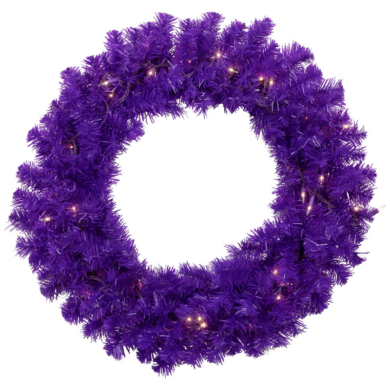 Pre-Lit Artificial Pine Christmas Wreath - 24" - Clear Lights, Purple
